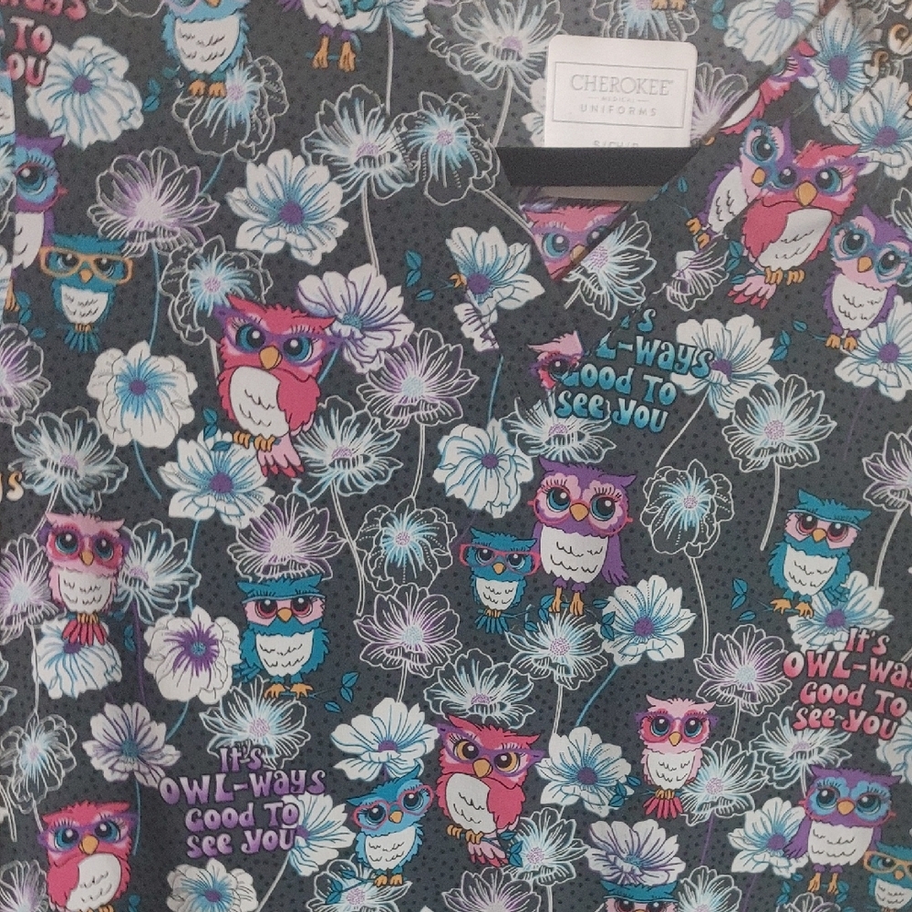 Cherokee Fun Owl Print Scrub Top